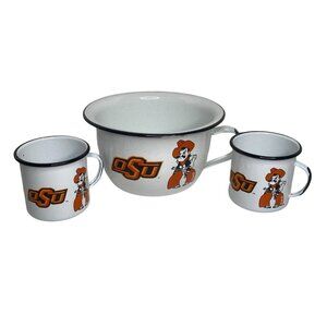 OSU Oklahoma State University Enamelware Popcorn Bowl 2 Cups Mugs Lee Seed Co.